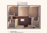 Ashbury Residential Suites - Blue Heron 3D floor plan featuring 2 bedrooms, 2 bathrooms, kitchen with island
