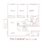 Ashbury Residential Suites - Cardinal floor plan featuring 3 bedrooms, 2 bathrooms, kitchen with peninsula seating