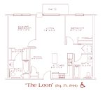 Ashbury Residential Suites - Loon floor plan featuring 2 bedrooms, 2 bathrooms, kitchen island. Handicap accessible