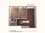 Ashbury Residential Suites - Snow Owl 3D floor plan featuring 2 bedrooms, 1 bathroom, galley kitchen